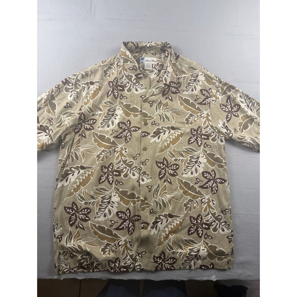 Island Blue Men's Beige Brown Floral Silk Rayon Short Sleeve Button-Up Shirt XL